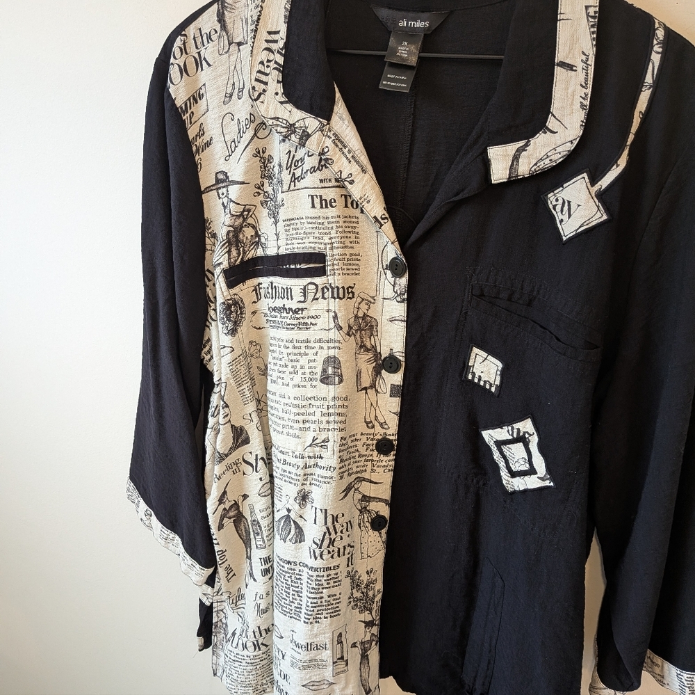 Ali Miles Women's Black Cream Fashion Print Blouse 2X Lagenlook Artsy - Picture 2 of 9